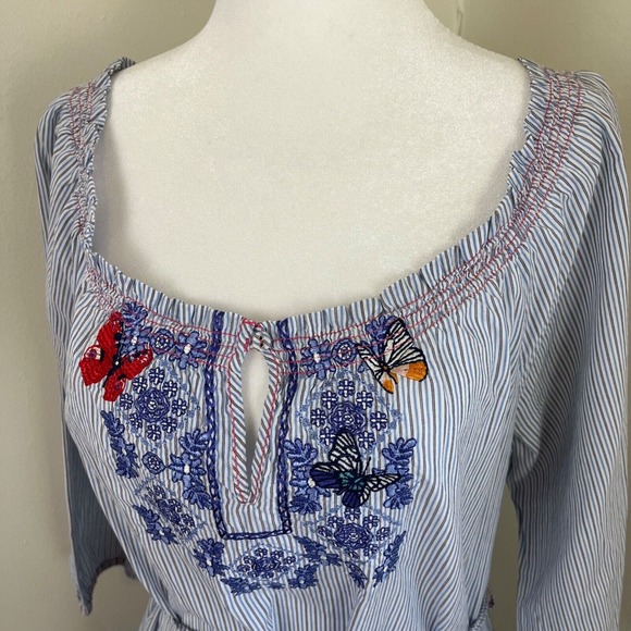 3J Workshop Johnny Was Striped Dress Embroidered S fit M Blue Milkmaid Floral - Picture 2 of 12